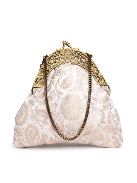 

PRACCESSORII White & Gold-Toned Embellished Embroidered Purse Clutch
