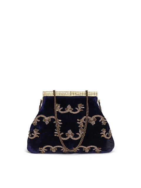 

PRACCESSORII Navy Blue & Gold-Toned Embellished Embroidered Purse Clutch