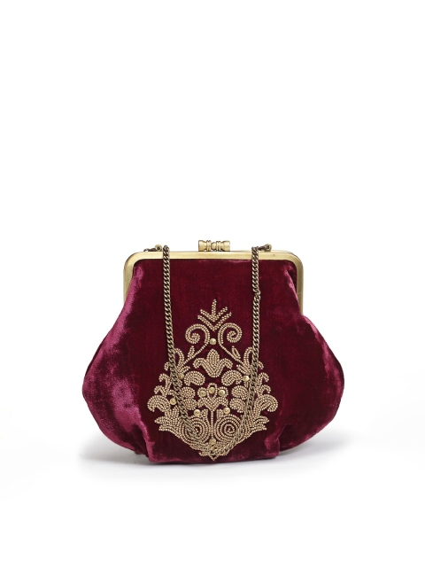 

PRACCESSORII Maroon & Gold-Toned Embellished Purse Clutch