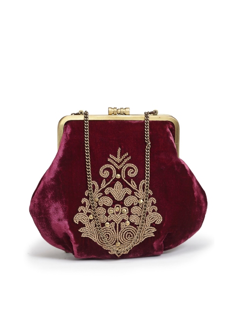 

PRACCESSORII Maroon & Gold-Toned Embellished Purse Clutch