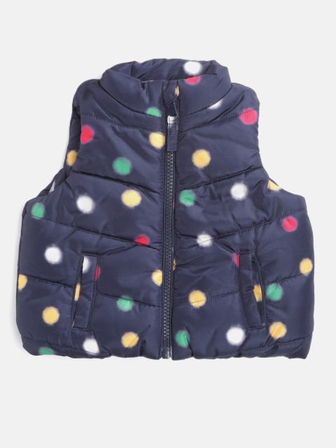 

mothercare Girls Navy Blue & Yellow Polka Dot Print Padded Jacket