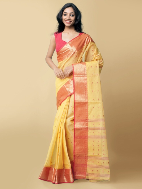 

Unnati Silks Yellow & Orange Woven Design Pure Cotton Taant Saree