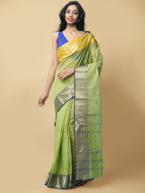 

Unnati Silks Women Green Woven Design Bengal Tant Cotton Saree