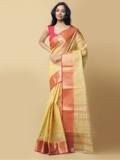 

Unnati Silks Yellow & Gold-Toned Ethnic Motifs Zari Taant Pure Cotton Saree