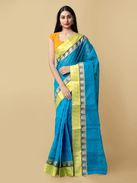 

Unnati Silks Blue & Yellow Ethnic Motifs Pure Cotton Handloom Taant Saree