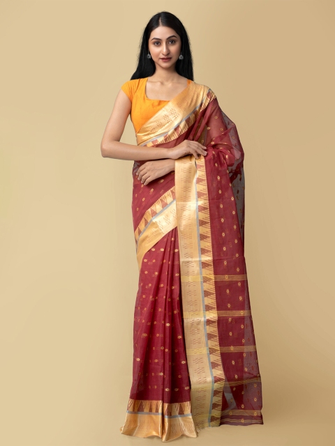

Unnati Silks Women Red & Gold Pure Handloom Bengal Tant Cotton Sustainable Saree