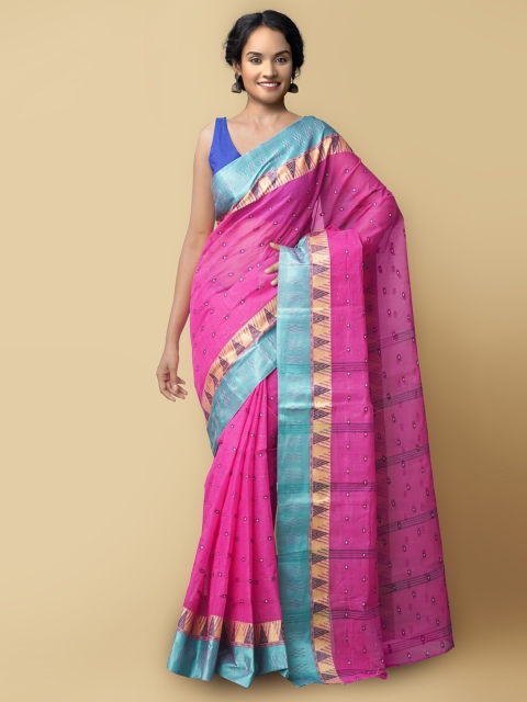 

Unnati Silks Women Pink & Blue Pure Handloom Bengal Tant Cotton Sustainable Saree