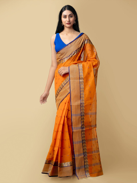 

Unnati Silks Orange & Gold-Toned Woven Design Pure Cotton Taant Saree