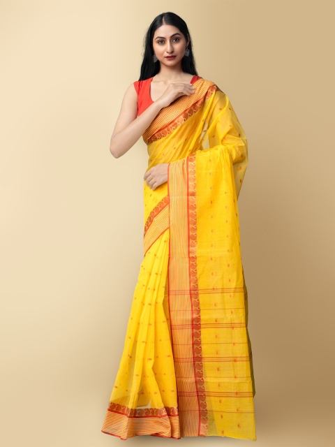 

Unnati Silks Yellow & Red Woven Design Pure Bengal Cotton Taant Saree