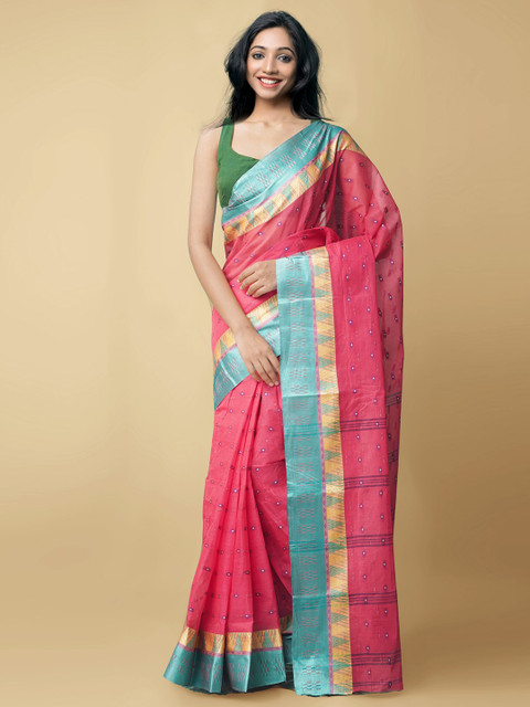 

Unnati Silks Red & Blue Woven Design Pure Cotton Taant Saree