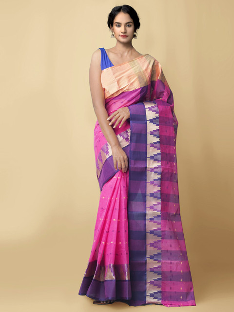 

Unnati Silks Women Pink & Purple Pure Handloom Bengal Tant Cotton Sustainable Saree