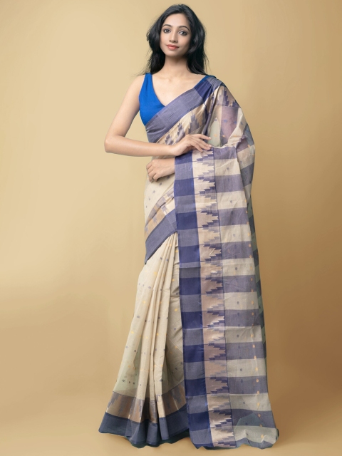 

Unnati Silks Beige & Navy Blue Ethnic Motifs Zari Pure Cotton Bengal Taant Saree