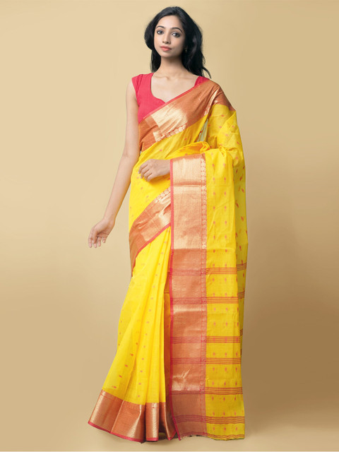 

Unnati Silks Yellow & Red Woven Design Pure Cotton Bengal Tant Cotton Saree