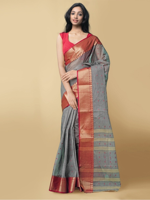 

Unnati Silks Grey & Red Ethnic Motifs Pure Cotton Taant Saree