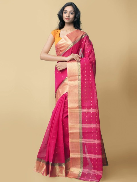 

Unnati Silks Red & Gold-Toned Woven Design Zari Pure Cotton Taant Saree
