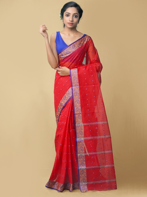 

Unnati Silks Red & Blue Woven Design Pure Cotton Taant Saree