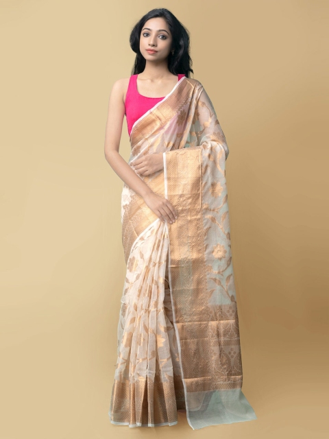 

Unnati Silks Cream-Coloured & Gold-Toned Floral Zari Silk Cotton Kota Banarasi Saree