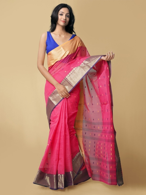 

Unnati Silks Pink & Blue Woven Design Pure Cotton Taant Saree