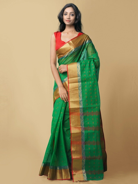 

Unnati Silks Green & Red Ethnic Motifs Zari Pure Cotton Bengal Taant Saree
