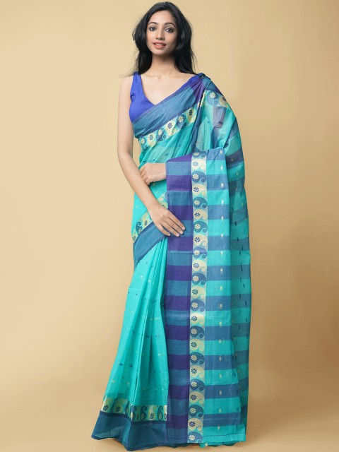 

Unnati Silks Blue & White Paisley Taant Pure Cotton Saree