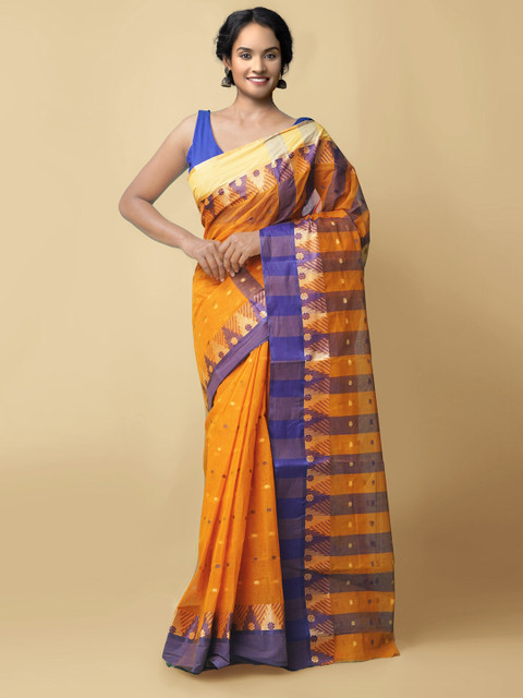 

Unnati Silks Women Orange & Blue Pure Handloom Bengal Tant Cotton Sustainable Saree