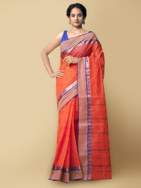 

Unnati Silks Women Orange & Blue Pure Handloom Bengal Tant Cotton Sustainable Saree