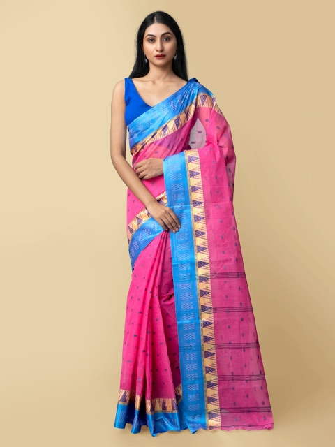 

Unnati Silks Women Pink & Blue Pure Handloom Bengal Tant Cotton Sustainable Saree