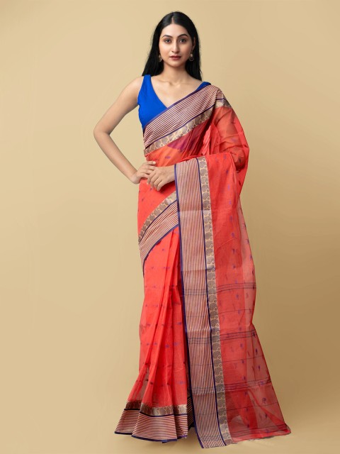 

Unnati Silks Red & Blue Woven Design Pure Cotton Taant Saree