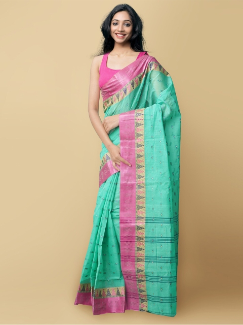 

Unnati Silks Green & Pink Woven Design Pure Bengal Cotton Taant Saree
