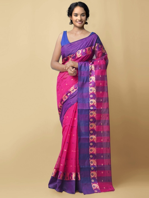 

Unnati Silks Pink & Blue Woven Design Pure Cotton Taant Saree