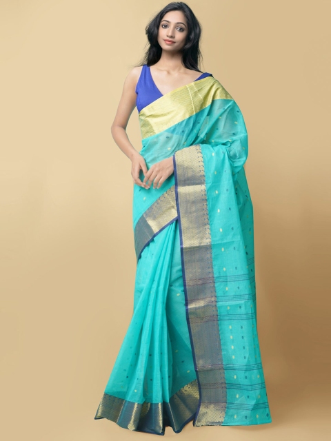 

Unnati Silks Turquoise Blue & Gold-Coloured Zari Pure Cotton Bengal Taant Saree