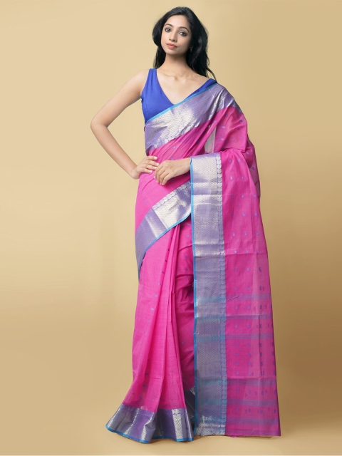 

Unnati Silks Pink & Blue Woven Design Pure Cotton Bengal Tant Cotton Saree