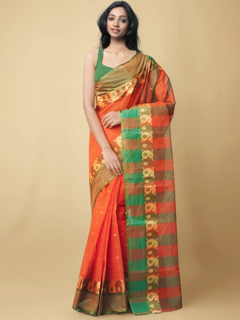 

Unnati Silks Women Orange Woven Design Bengal Tant Cotton Saree
