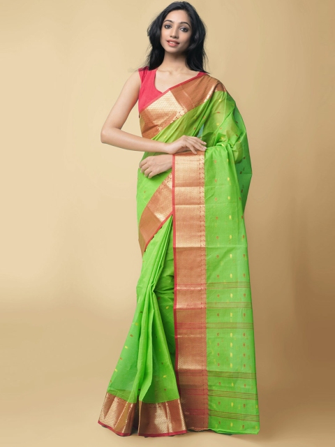 

Unnati Silks Green & Red Woven Design Zari Taant Pure Cotton Saree
