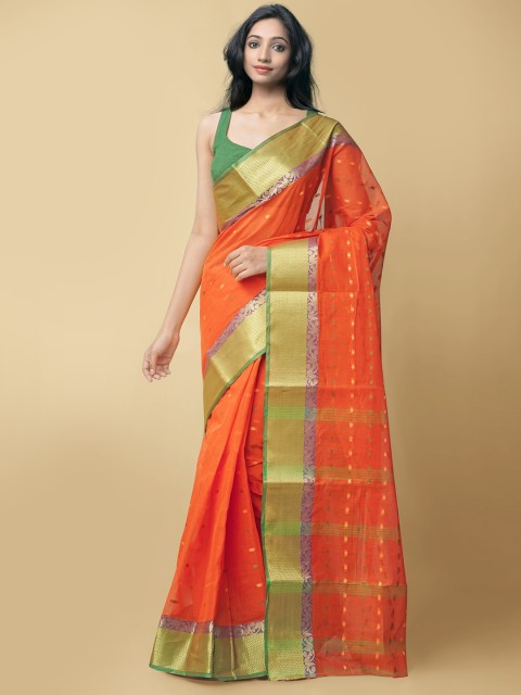 

Unnati Silks Orange & Green Woven Design Zari Pure Cotton Handloom Taant Saree