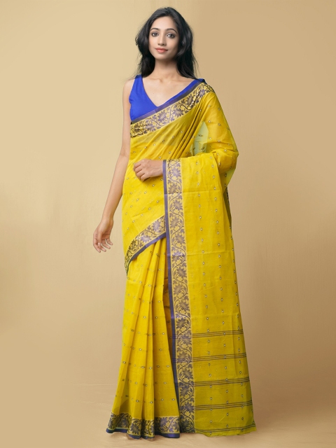 

Unnati Silks Lime Green & Blue Woven Design Handloom Pure Cotton Taant Saree