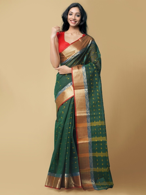 

Unnati Silks Green & Red Woven Design Zari Pure Cotton Taant Saree