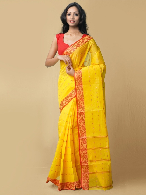 

Unnati Silks Yellow & Red Woven Design Pure Cotton Taant Saree