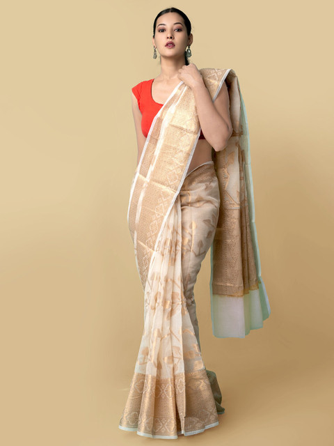 

Unnati Silks Cream-Coloured & Gold-Toned Floral Zari Silk Cotton Kota Banarasi Saree