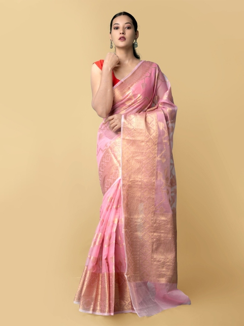

Unnati Silks Pink & Purple Woven Design Zari Silk Cotton Banarasi Saree