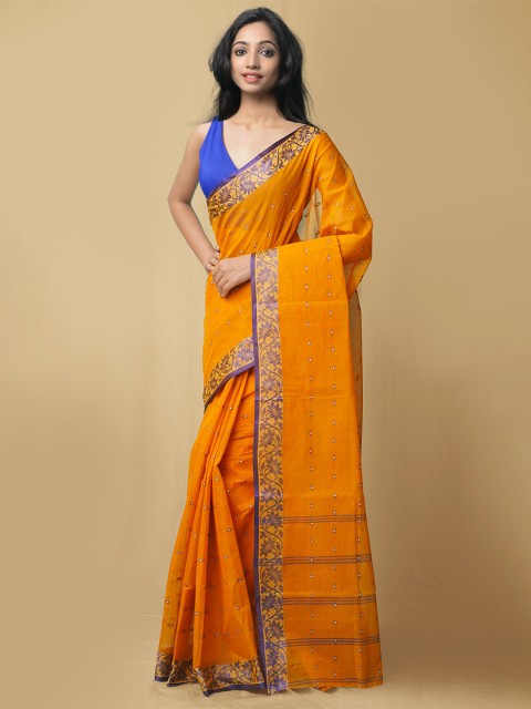 

Unnati Silks Orange & Navy Blue Woven Design Zari Pure Cotton Taant Saree