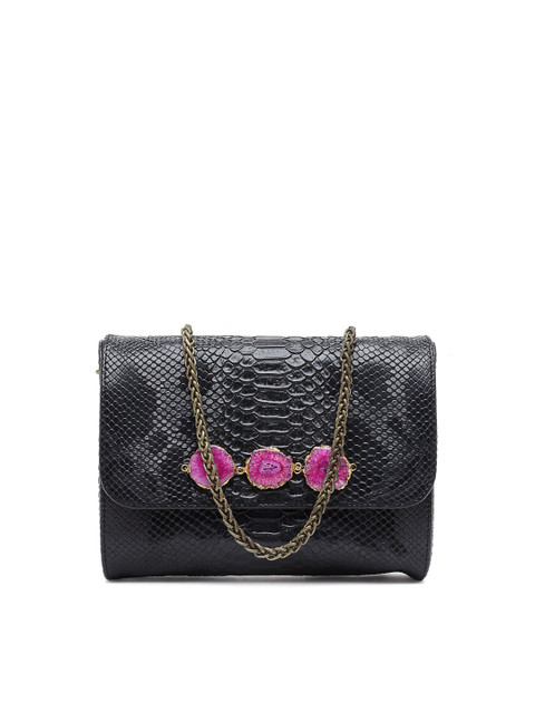

PRACCESSORII Black Animal Textured Foldover Clutch