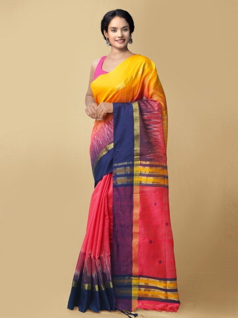 

Unnati Silks Pink & Yellow Woven Design Pure Linen Jamdani Saree