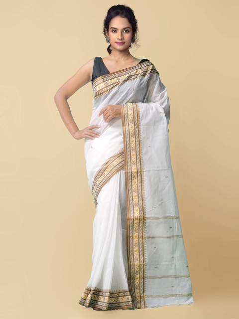

Unnati Silks White & Gold-Toned Bengal Tant Pure Cotton Saree