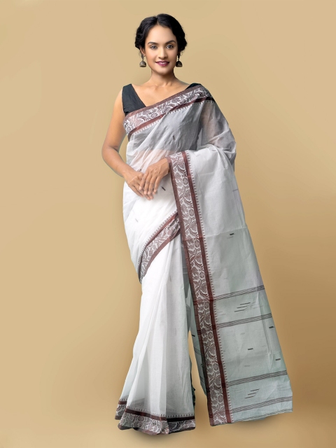 

Unnati Silks White & Brown Woven Design Handloom Pure Cotton Taant Saree