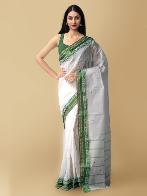 

Unnati Silks White & Green Woven Design Pure Cotton Taant Saree