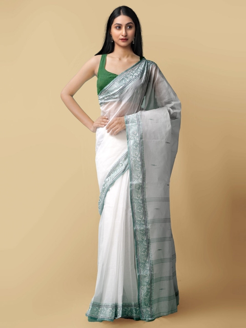 

Unnati Silks Women White & Green Pure Handloom Bengal Tant Cotton Sustainable Saree