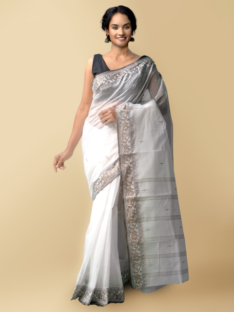 

Unnati Silks White & Brown Floral Pure Bengal Cotton Taant Saree