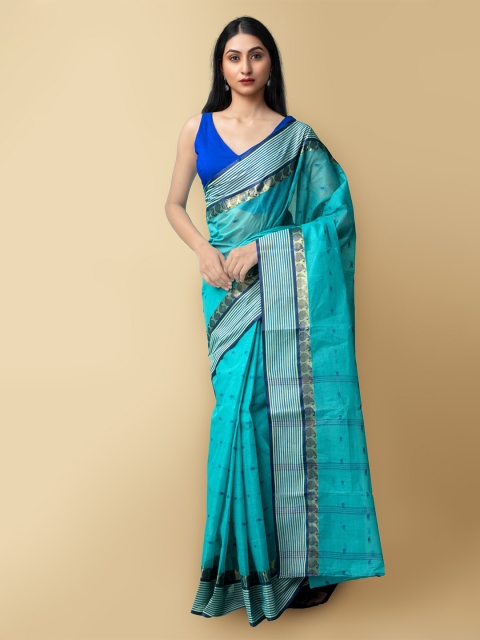 

Unnati Silks Women Blue & White Pure Handloom Bengal Tant Cotton Sustainable Saree