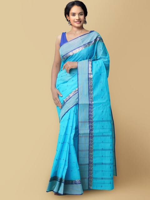

Unnati Silks Blue & White Woven Design Pure Cotton Taant Saree